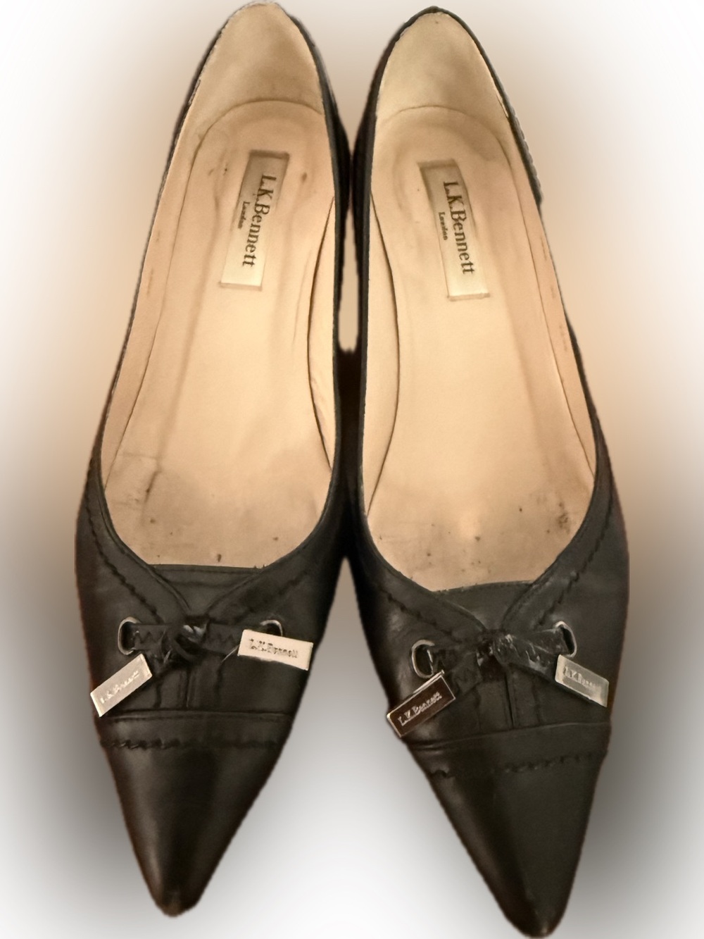 LK Bennett Black Pointed Leather Ballet Flats with Logo Charms
